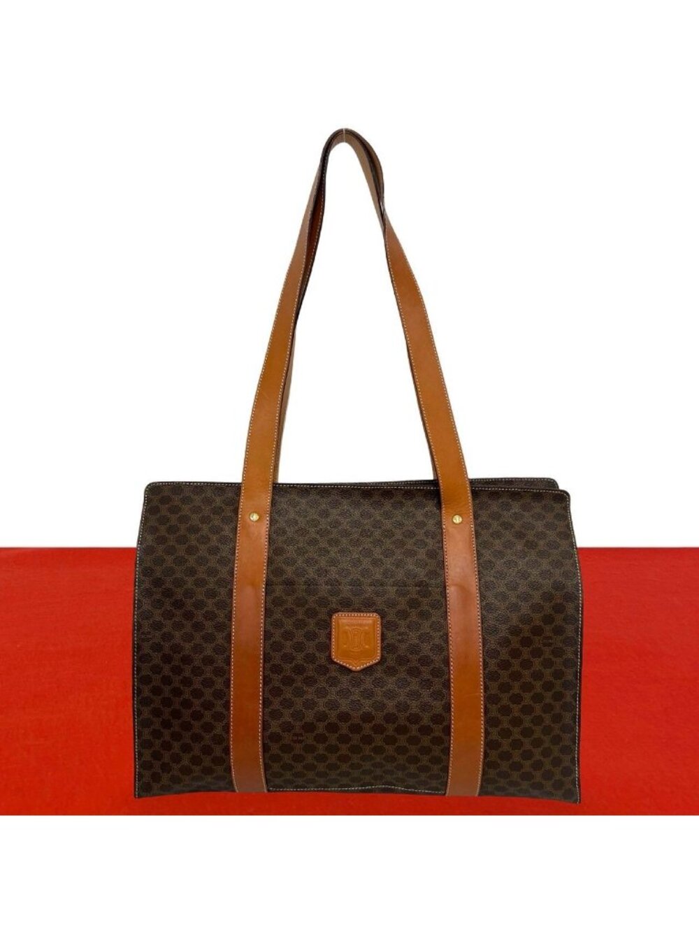 Celine Vintage Macadam Blason Pattern Triomphe Leather Tote Bag Brown